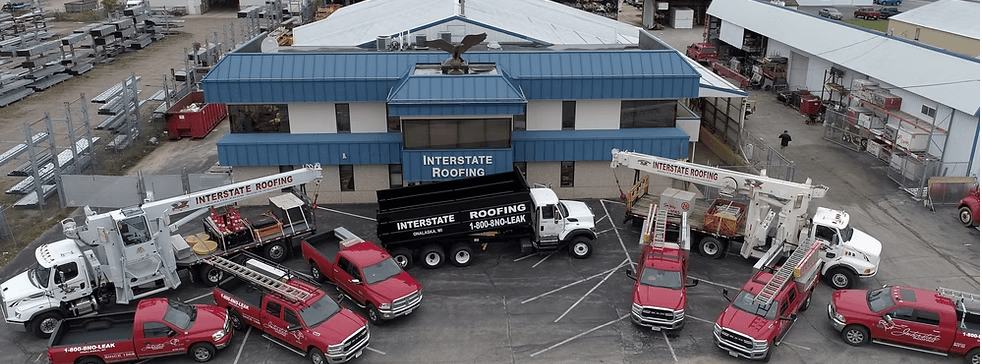 Aerial drone view of an Interstate Roofing project in the Upper Midwest