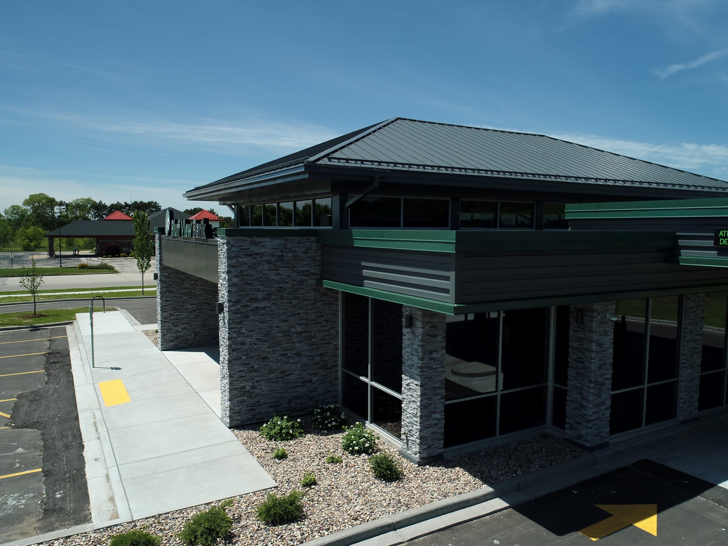 New construction roofing at Bluff View Bank, Holmen, Wisconsin